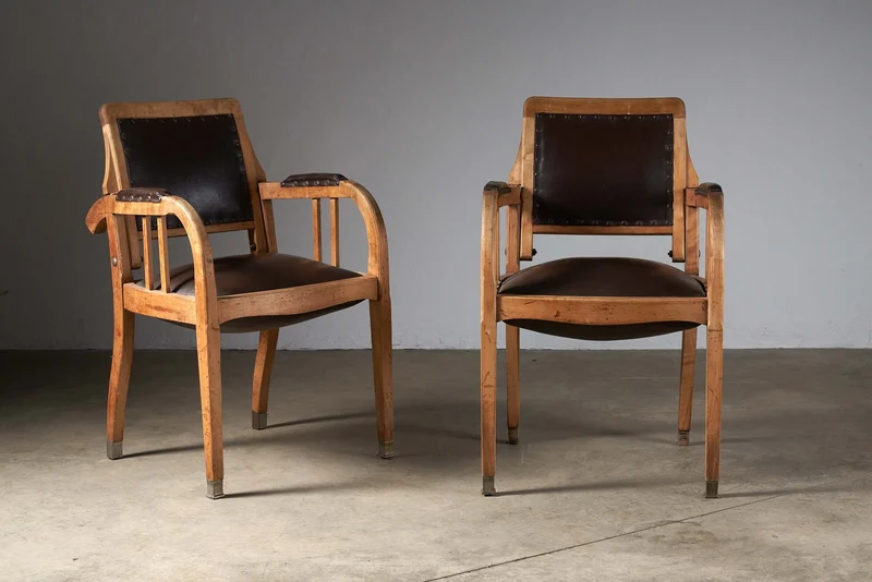 Set of 2 Antique Berlin Barber Chairs in Wood, Leather, and Iron with Pivoting Seat