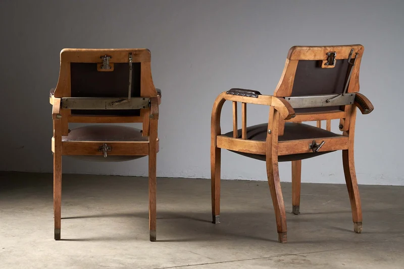 Set of 2 Antique Berlin Barber Chairs in Wood, Leather, and Iron with Pivoting Seat