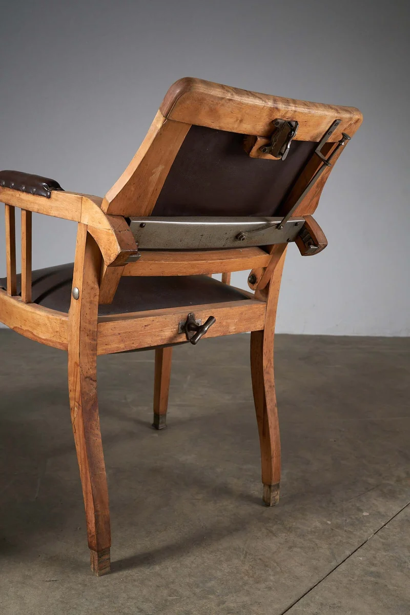 Set of 2 Antique Berlin Barber Chairs in Wood, Leather, and Iron with Pivoting Seat