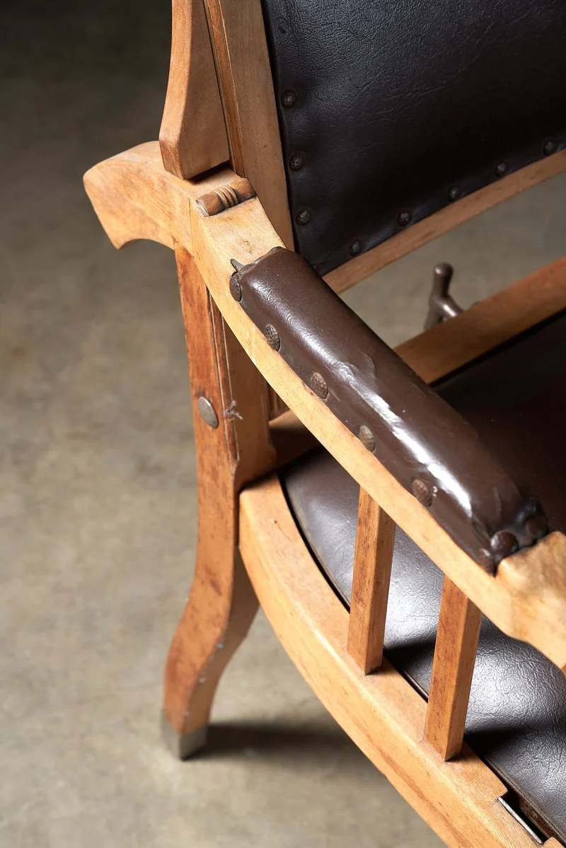 Set of 2 Antique Berlin Barber Chairs in Wood, Leather, and Iron with Pivoting Seat