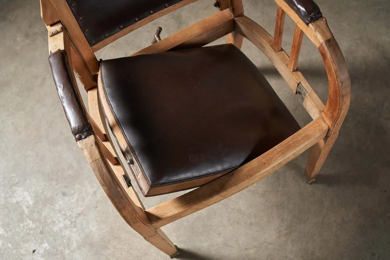 Set of 2 Antique Berlin Barber Chairs in Wood, Leather, and Iron with Pivoting Seat