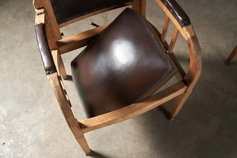 Set of 2 Antique Berlin Barber Chairs in Wood, Leather, and Iron with Pivoting Seat