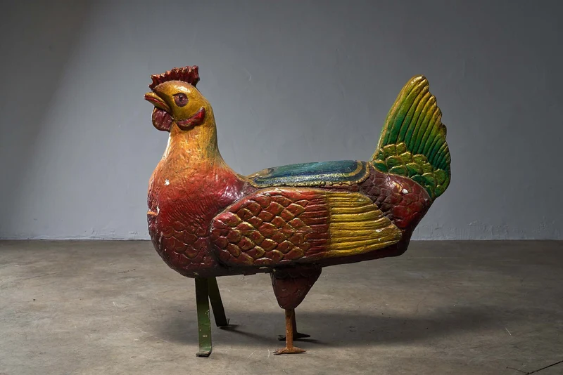 Antique Carved Wood Rooster Carousel Figure, 1950s