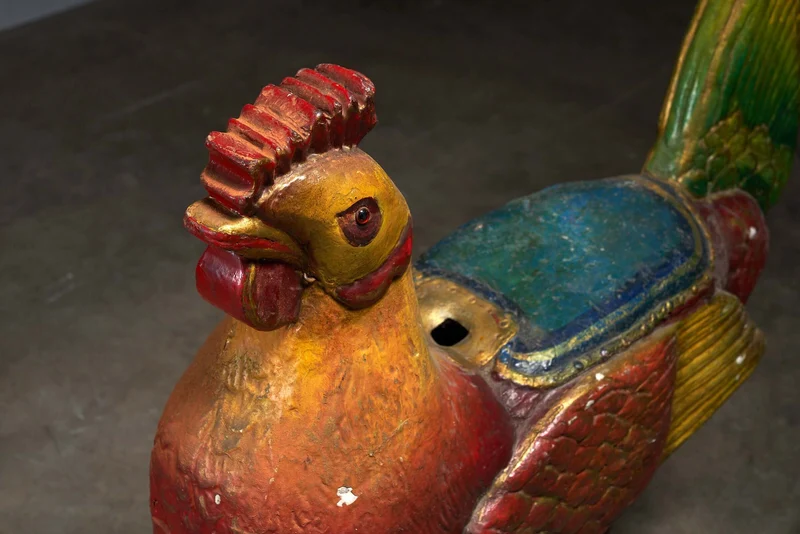 Antique Carved Wood Rooster Carousel Figure, 1950s