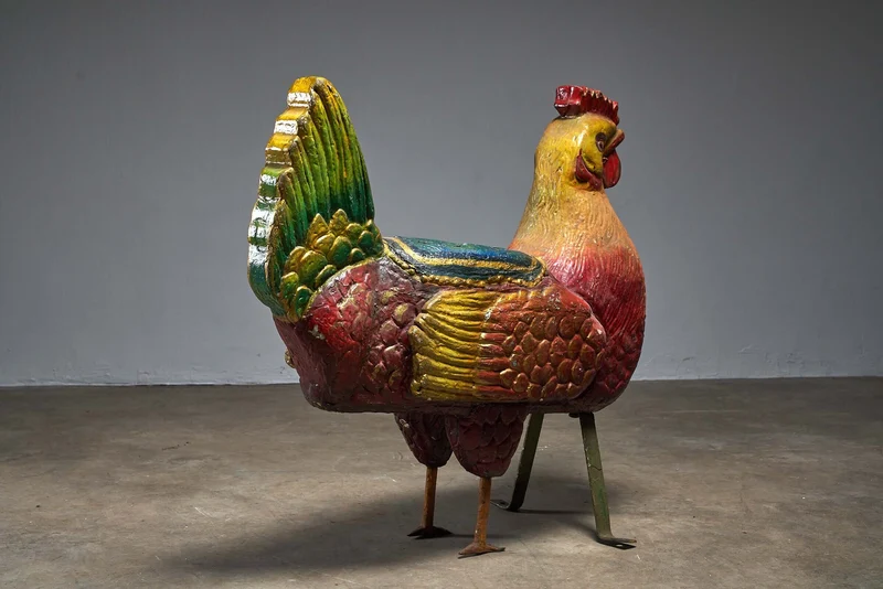 Antique Carved Wood Rooster Carousel Figure, 1950s