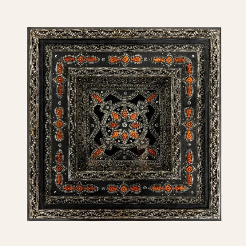 Table marocaine en bois plaqué maillechort et os orange