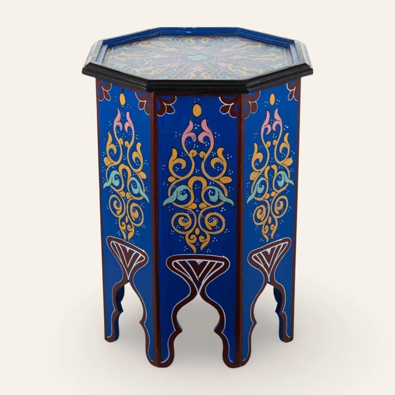Table en bois peinte à la main en bleu marocain