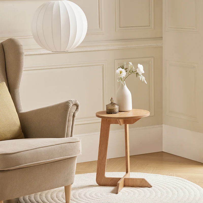 SoBuy HFBT02-N Table d'Appoint Ronde en Bois Table Basse Ronde Table de Chevet Bout de Canapé, Forme de C, Tenons et Mortaises