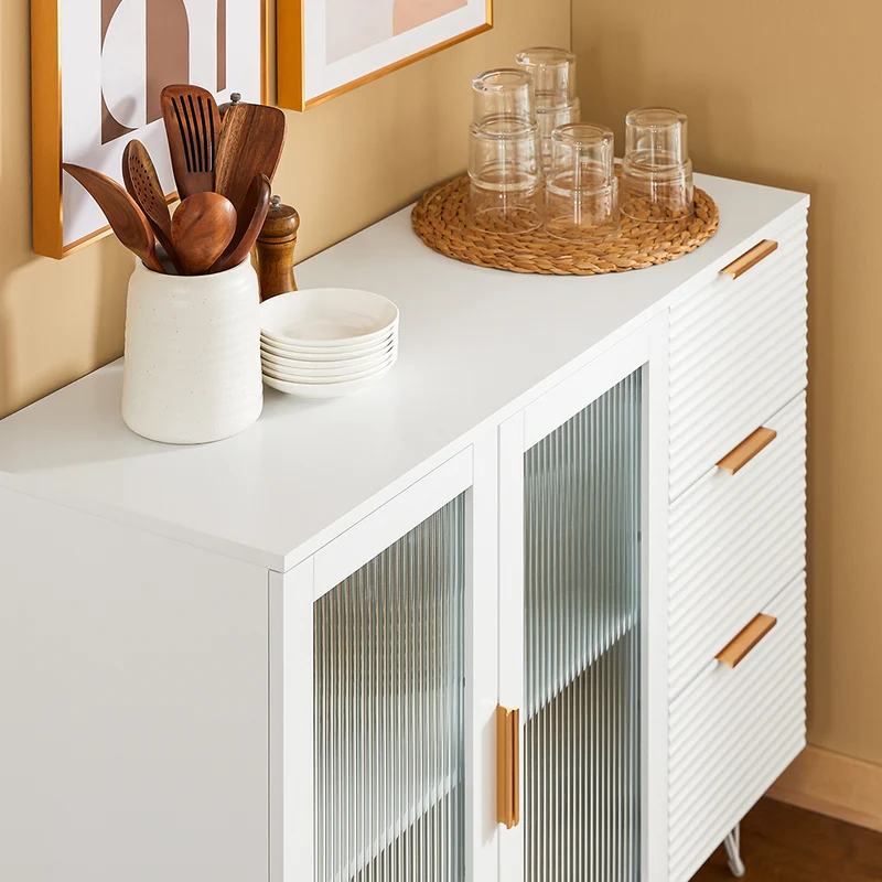 SoBuy FSB86-W Buffet Bas, Commode Armoire de Rangement, Buffet Bahut pour Cuisine Salle à Manger Salon Entrée avec Placard, 3 Tiroirs et 2 Portes Vitrées, 108 x 40 x 85 cm, Blanc