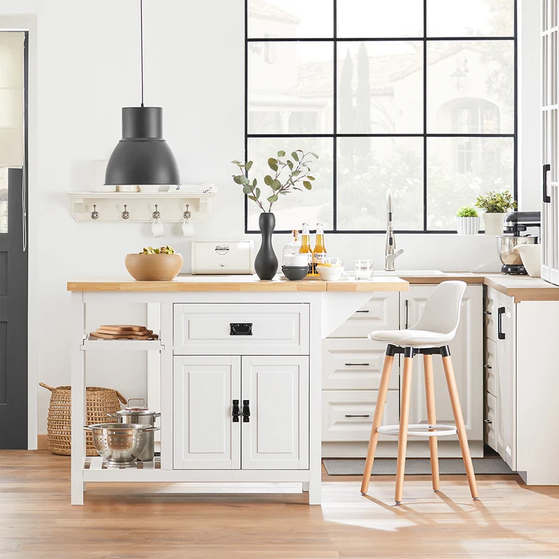SoBuy KNL06-WN Placard ilot Central de Cuisine avec Plan de Travail Extensible en Bois d'hévéa, 2 Portes, 2 Tiroirs