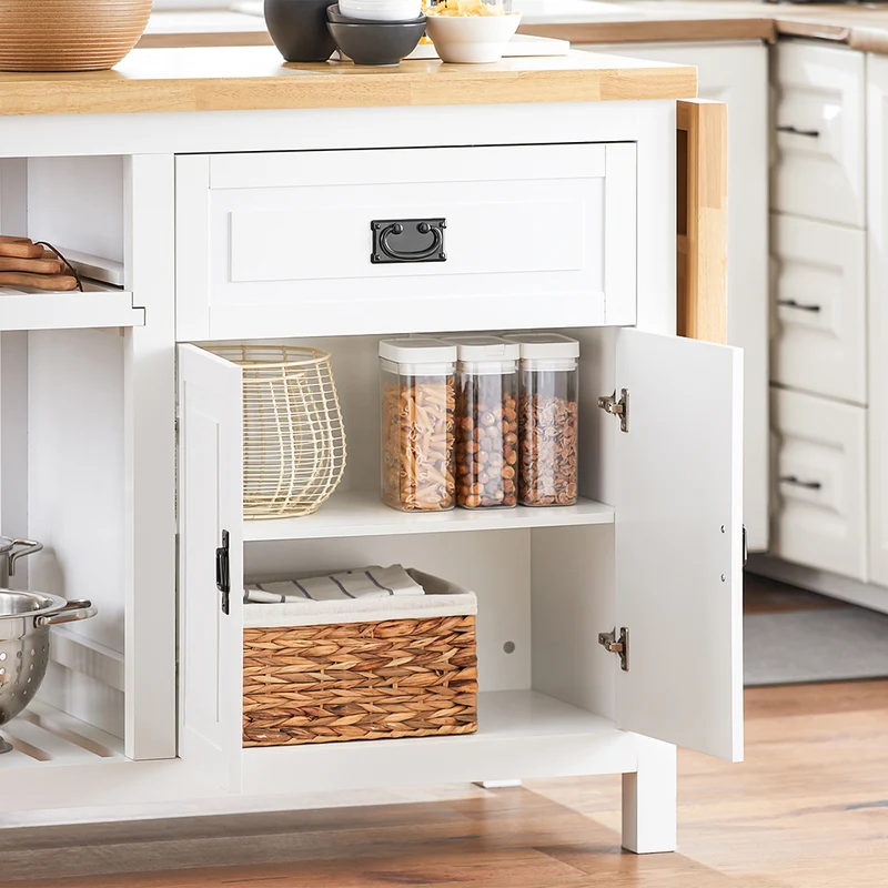 SoBuy KNL06-WN Placard ilot Central de Cuisine avec Plan de Travail Extensible en Bois d'hévéa, 2 Portes, 2 Tiroirs