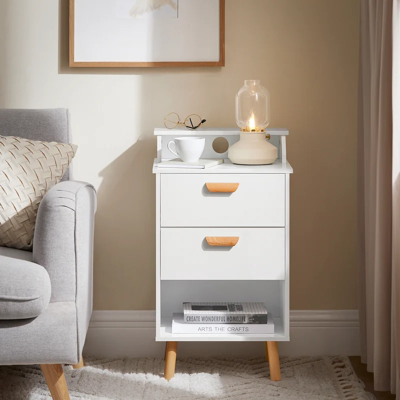 SoBuy FBT125-W Table de Chevet, Table de Nuit, Table d'Appoint, Bout de Canapé avec 1 Étagère, 2 Tiroirs et 1 Compartiment Ouvert