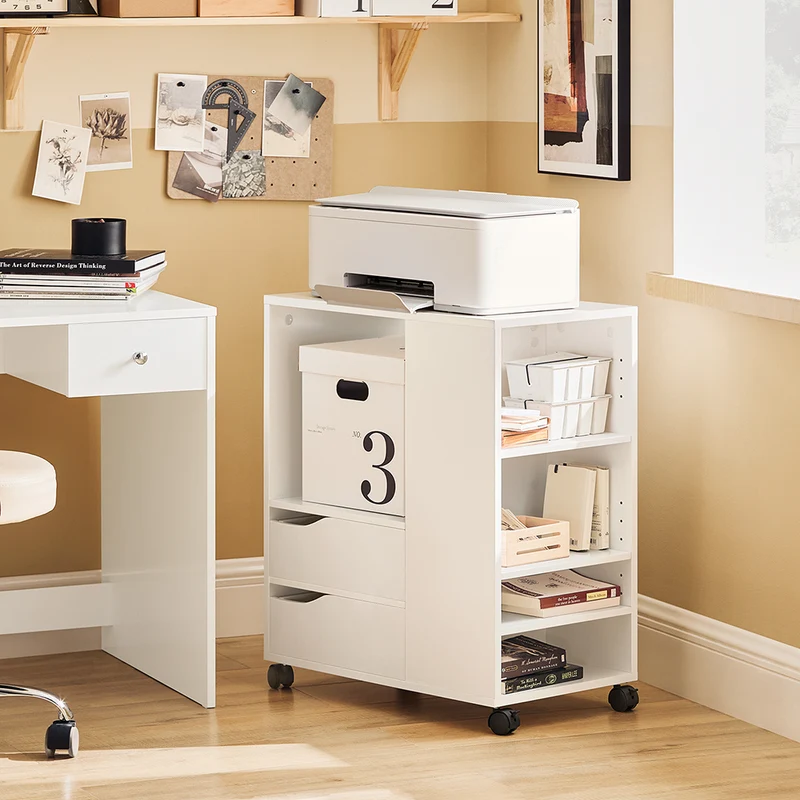 SoBuy FBT129-W Caisson de Bureau à 2 Tiroirs Support Imprimante sur Roulettes Bureau Mobile avec Étagères Ouvertes pour Documents Format A4
