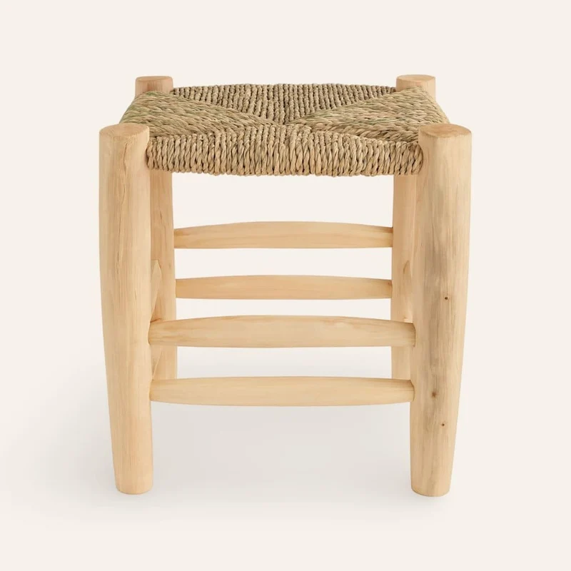 Tabouret marocain en bois et quenouilles en sparte naturel