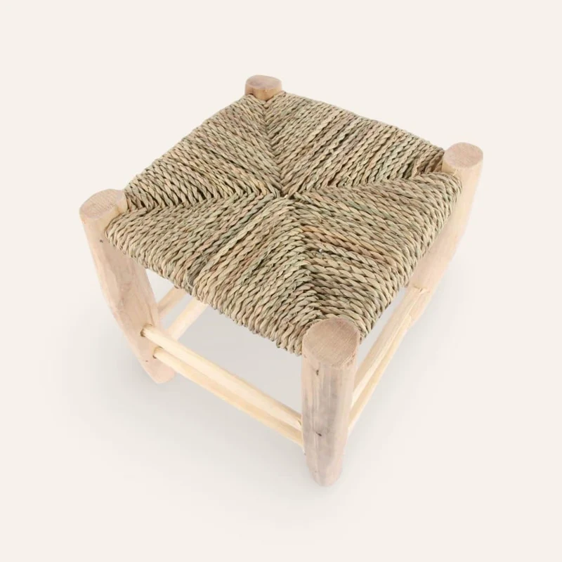 Tabouret marocain en bois et quenouilles en sparte naturel