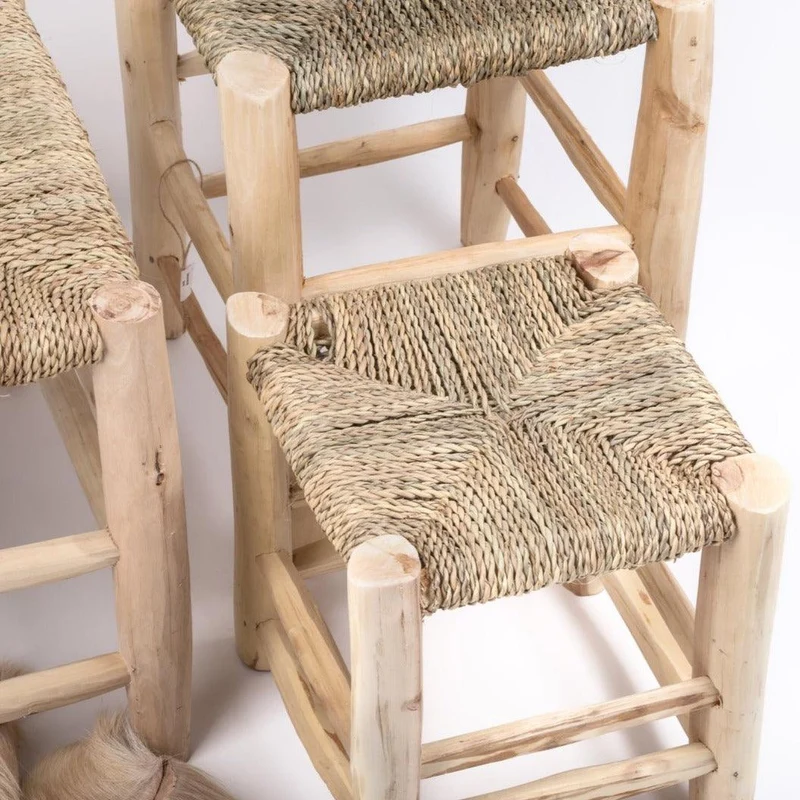 Tabouret marocain en bois et quenouilles en sparte naturel