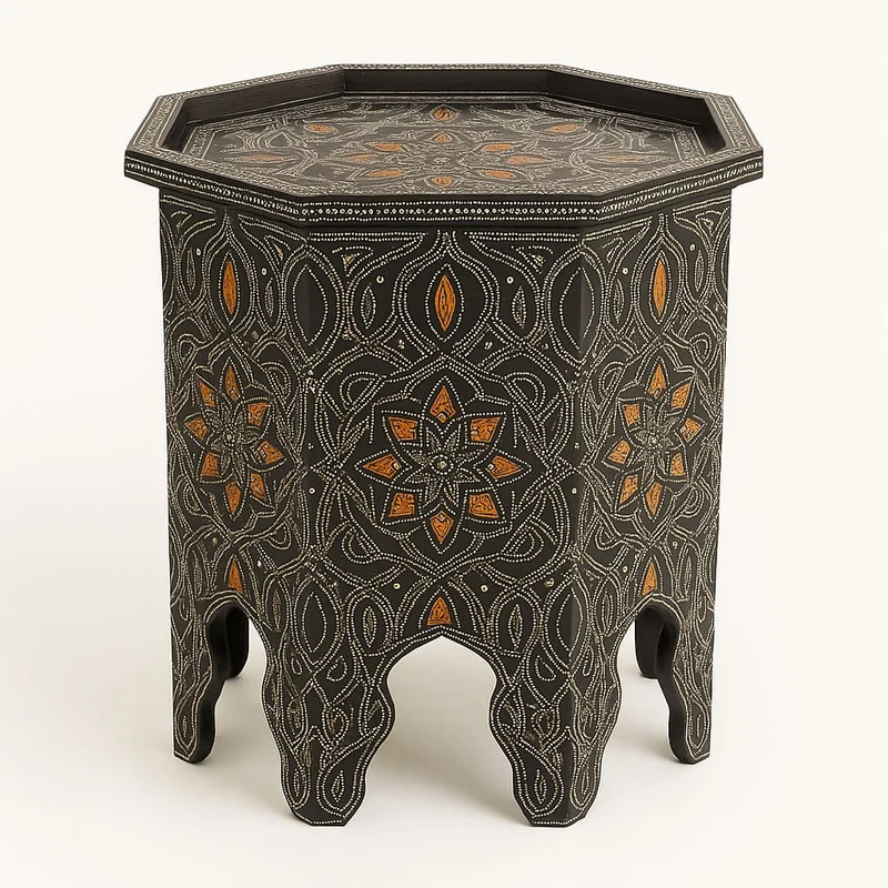 Table marocaine octogonale en bois et maillechort avec os