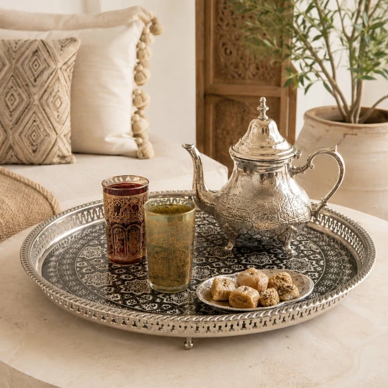 Plateau marocain en maillechort gravé de pieds