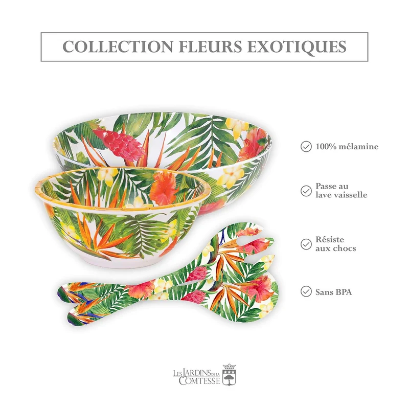 Couverts à salade en mélamine fleurs - 33 cm
