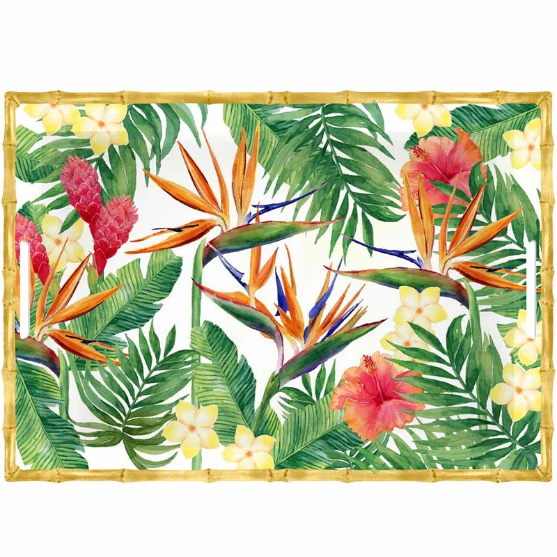 Grand plateau de service en mélamine imprimé à poignées fleurs - 50 x 36 x 5 cm