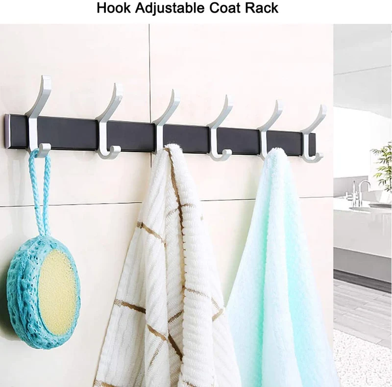 Porte-manteau mural réglable en aluminium avec 6 crochets doubles