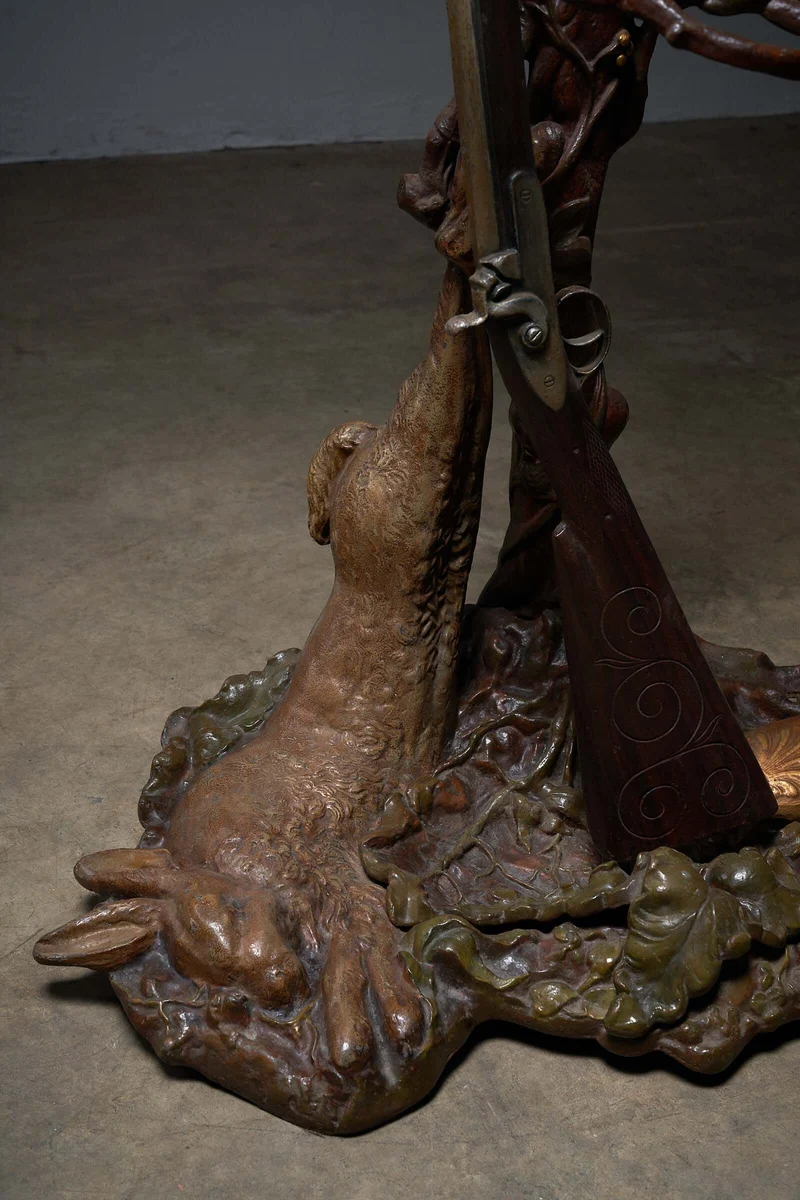 Ornate Iron Hallway Piece with Hunting Theme - Brown and Gold Accents, Cast Iron