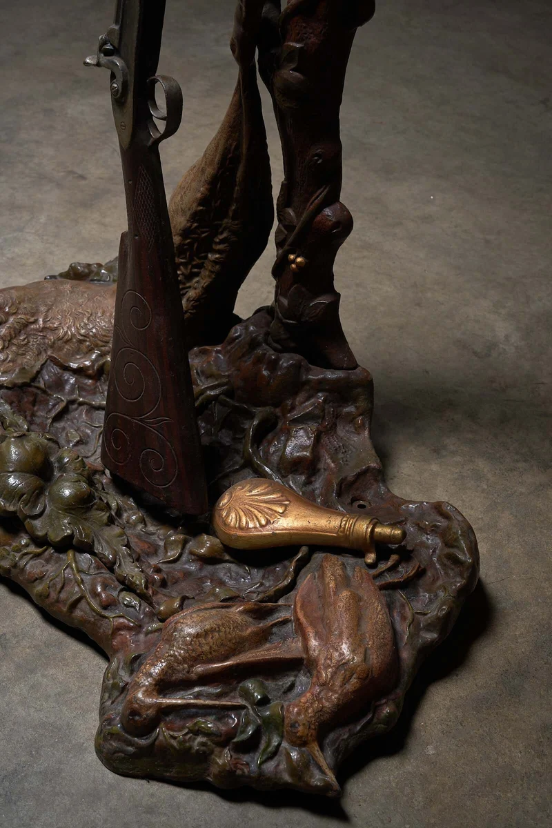 Ornate Iron Hallway Piece with Hunting Theme - Brown and Gold Accents, Cast Iron