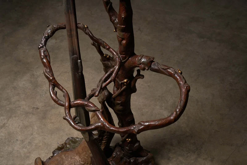 Ornate Iron Hallway Piece with Hunting Theme - Brown and Gold Accents, Cast Iron