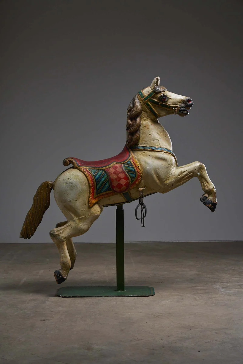 Antique Hand-Painted Wooden Carousel Horse with Saddle - Multicolored