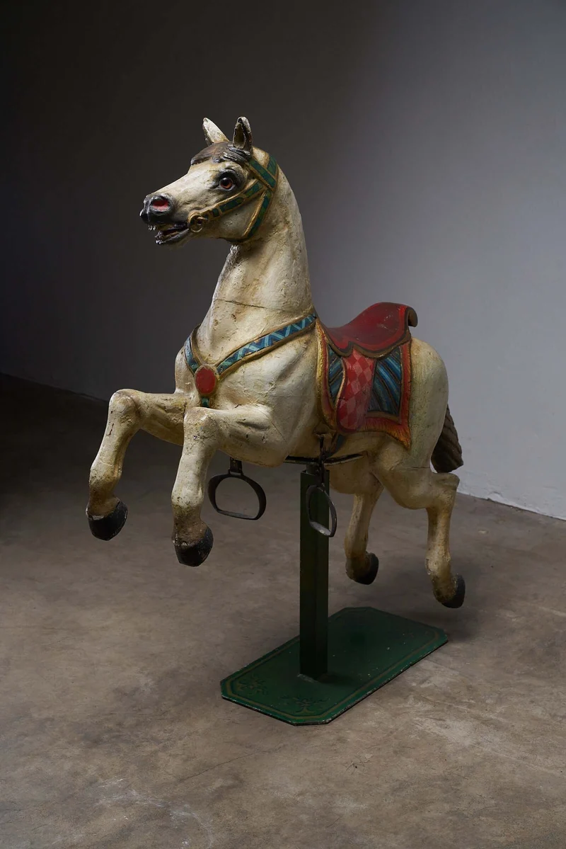 Antique Hand-Painted Wooden Carousel Horse with Saddle - Multicolored