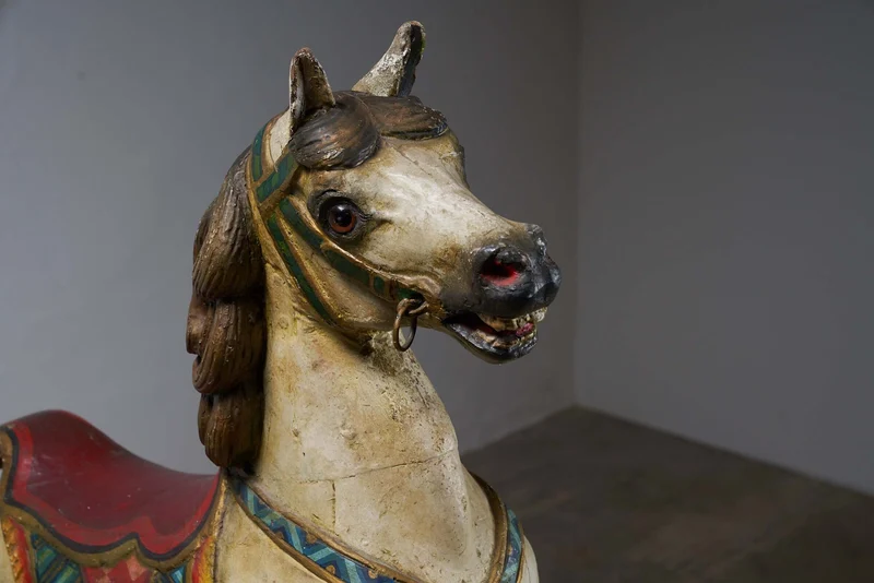 Antique Hand-Painted Wooden Carousel Horse with Saddle - Multicolored