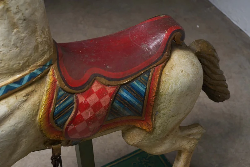 Antique Hand-Painted Wooden Carousel Horse with Saddle - Multicolored