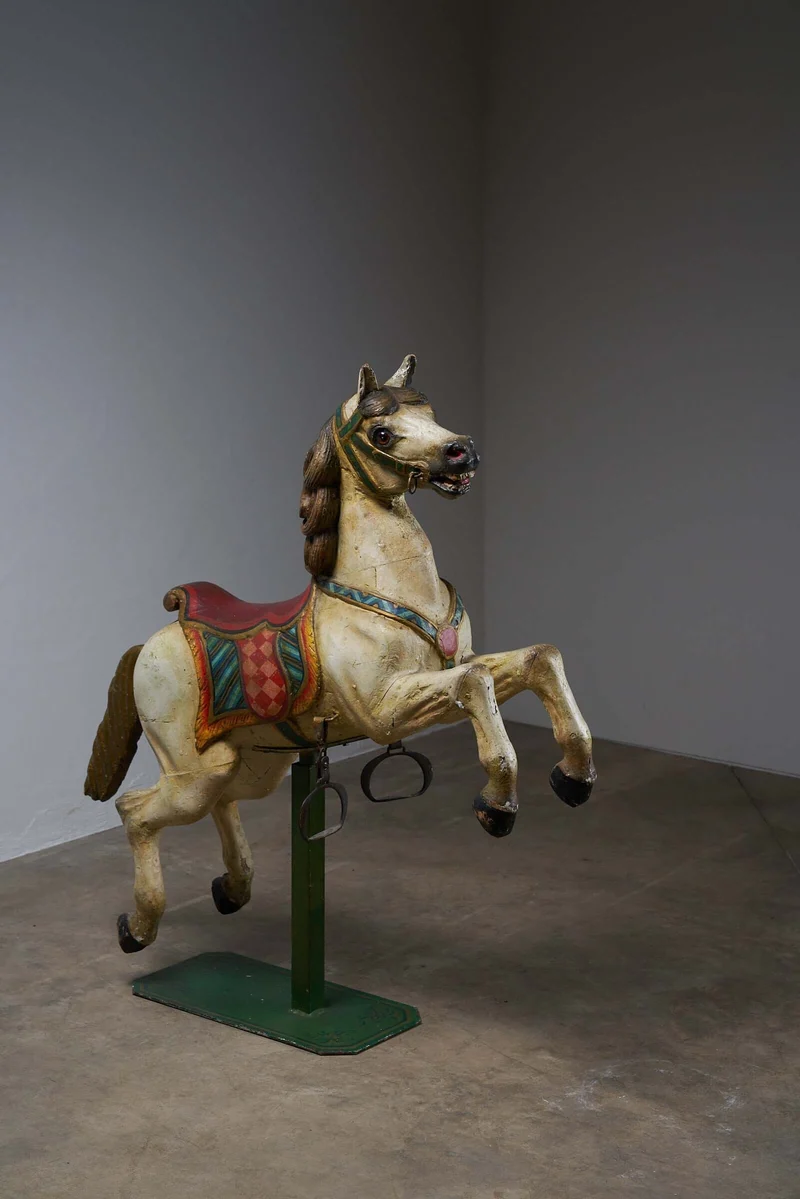 Antique Hand-Painted Wooden Carousel Horse with Saddle - Multicolored