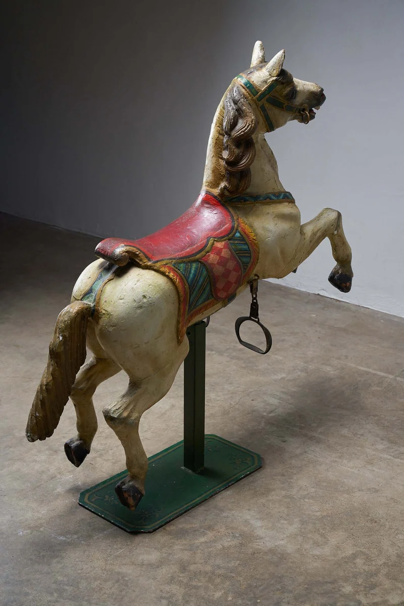 Antique Hand-Painted Wooden Carousel Horse with Saddle - Multicolored