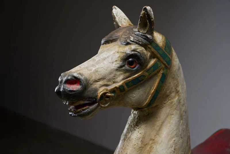 Antique Hand-Painted Wooden Carousel Horse with Saddle - Multicolored