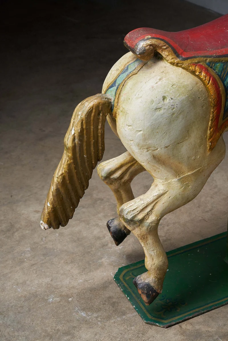 Antique Hand-Painted Wooden Carousel Horse with Saddle - Multicolored
