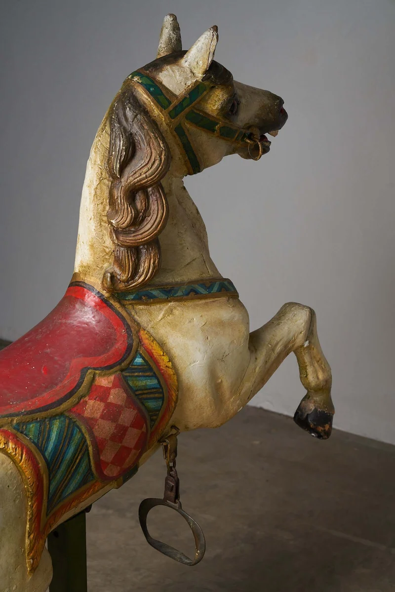 Antique Hand-Painted Wooden Carousel Horse with Saddle - Multicolored