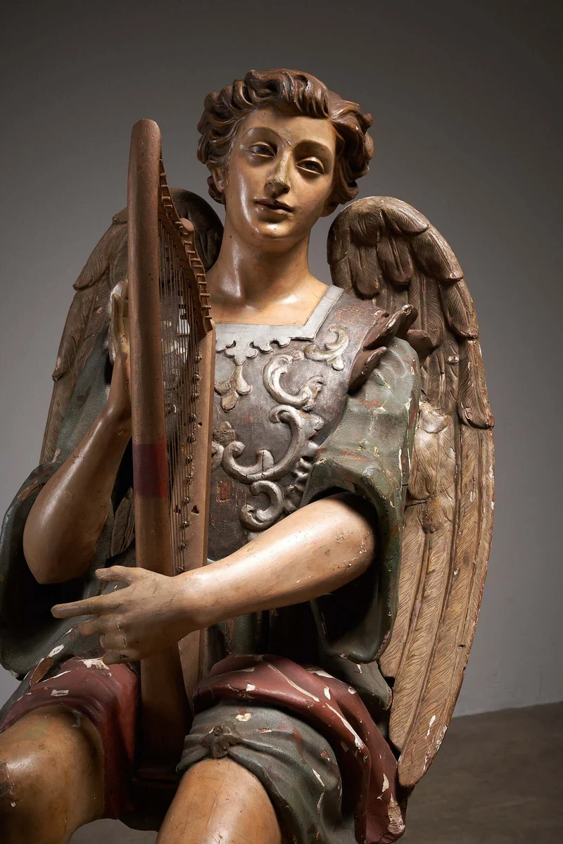 Antique Hand-Painted Wooden Angel with Harp Sculpture, 19th Century Religious Art