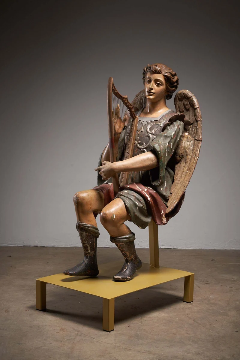 Antique Hand-Painted Wooden Angel with Harp Sculpture, 19th Century Religious Art