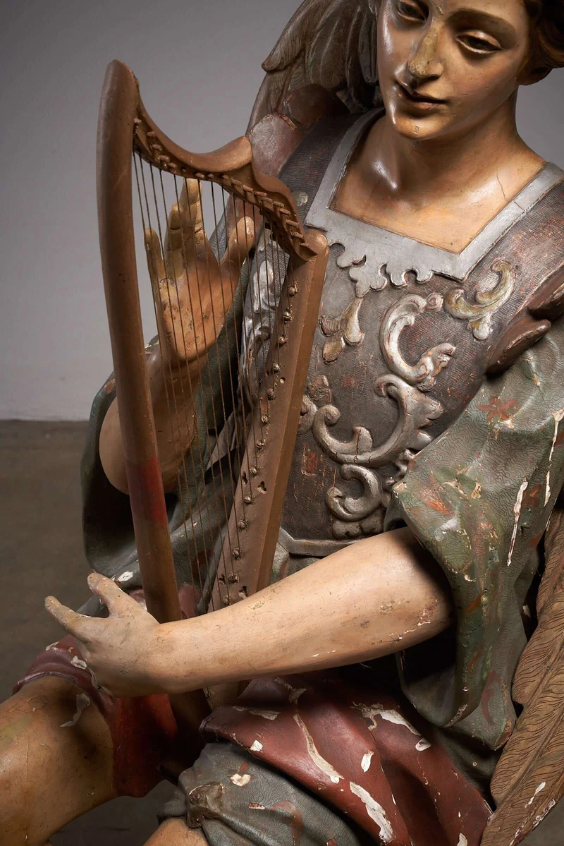 Antique Hand-Painted Wooden Angel with Harp Sculpture, 19th Century Religious Art