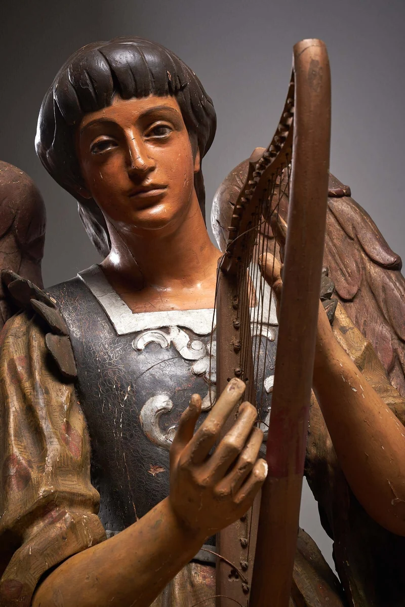 Antique Hand-Painted Wooden Angel with Harp Sculpture, 19th Century Religious Art