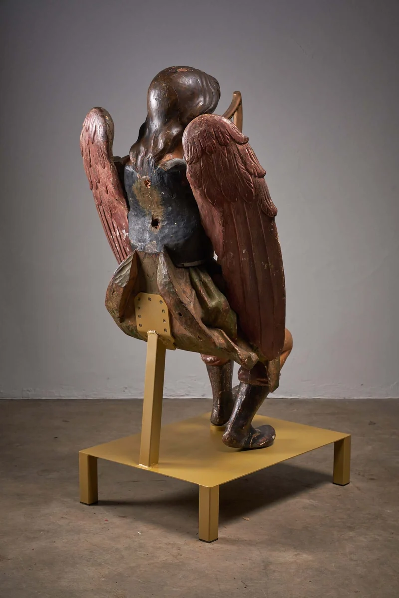 Antique Hand-Painted Wooden Angel with Harp Sculpture, 19th Century Religious Art
