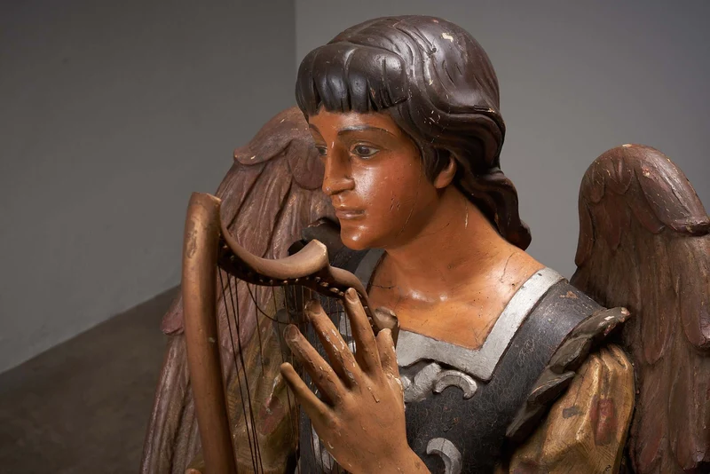 Antique Hand-Painted Wooden Angel with Harp Sculpture, 19th Century Religious Art