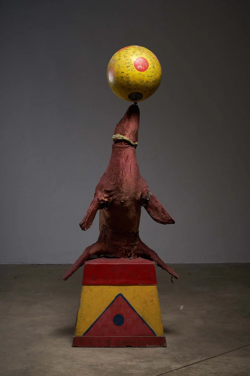 Antique Circus Seal with Ball, Hand-Painted Wooden Mechanism