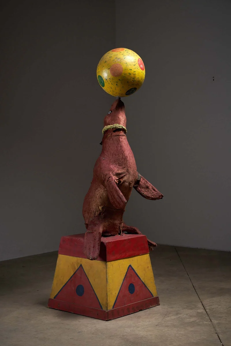 Antique Circus Seal with Ball, Hand-Painted Wooden Mechanism