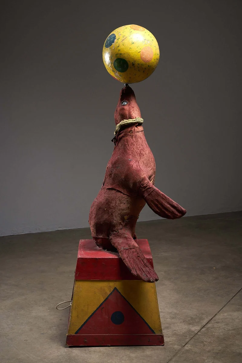 Antique Circus Seal with Ball, Hand-Painted Wooden Mechanism