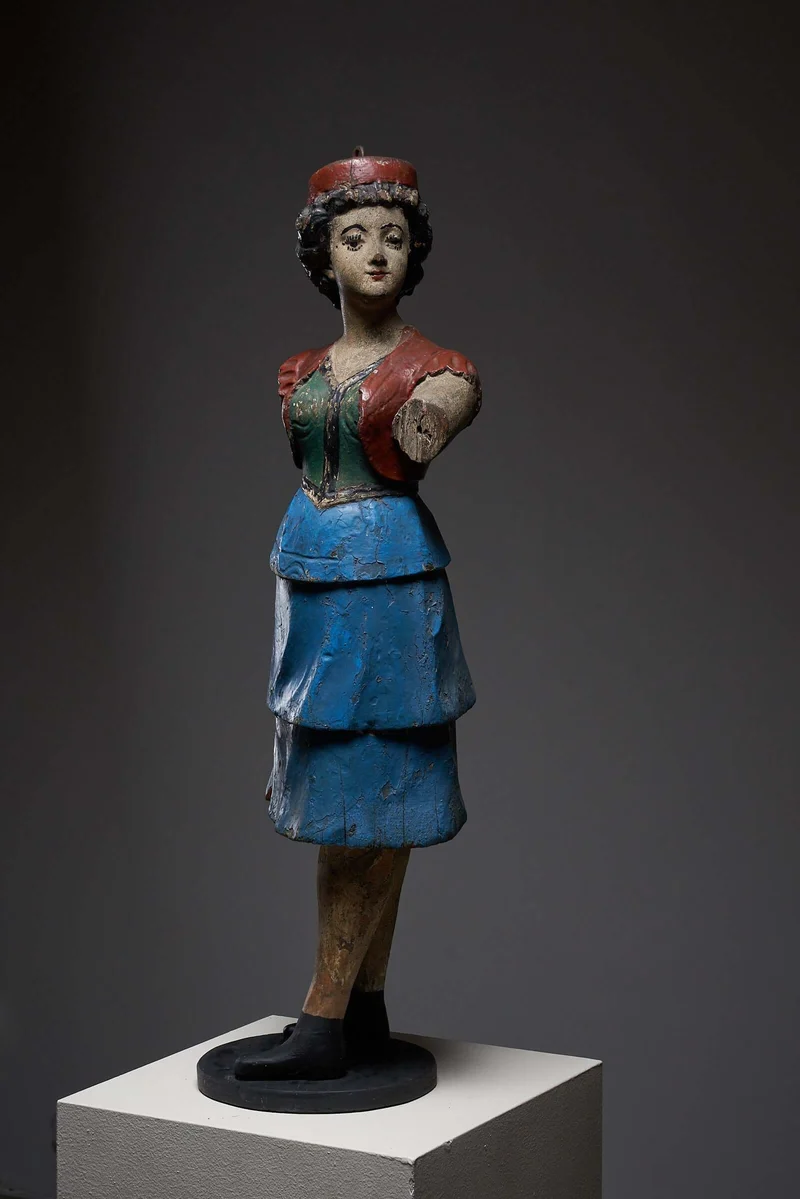 Antique Carousel Lady Figure in Blue Skirt, Hand-Painted Wooden Sculpture