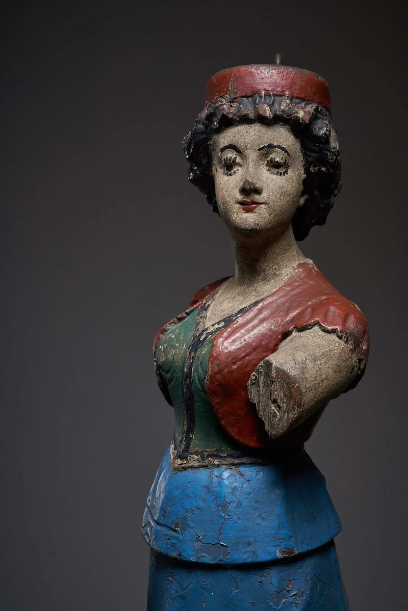 Antique Carousel Lady Figure in Blue Skirt, Hand-Painted Wooden Sculpture