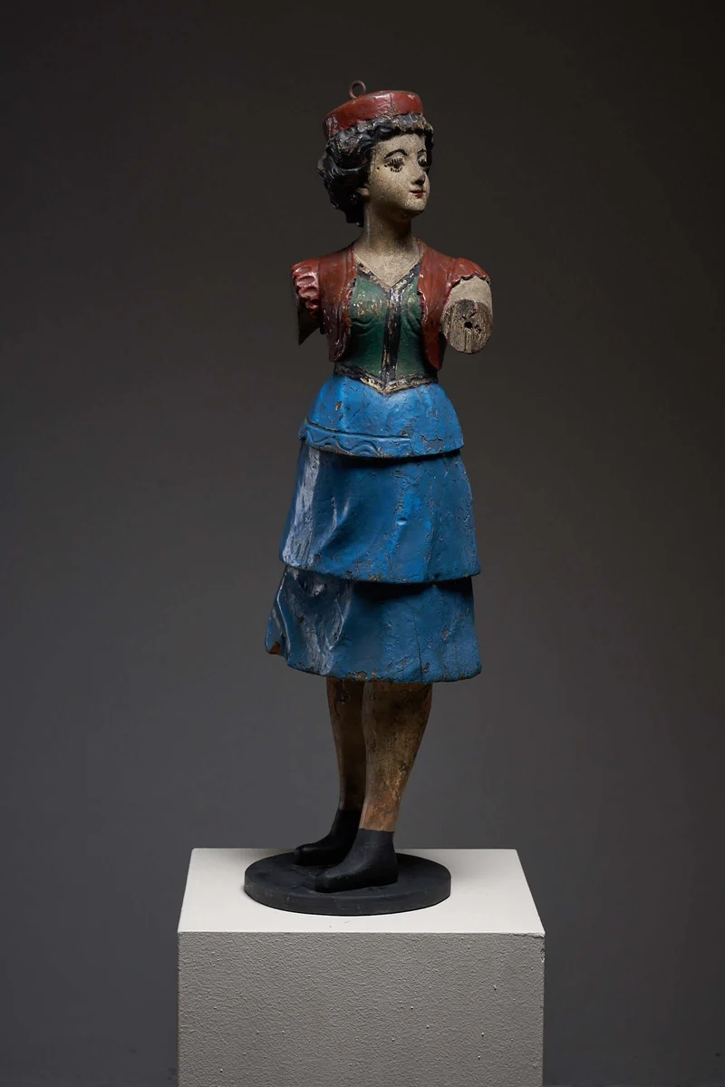 Antique Carousel Lady Figure in Blue Skirt, Hand-Painted Wooden Sculpture