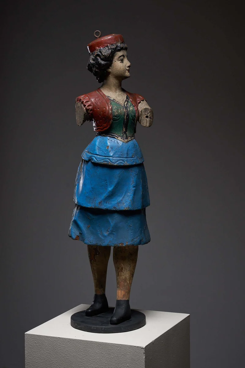 Antique Carousel Lady Figure in Blue Skirt, Hand-Painted Wooden Sculpture